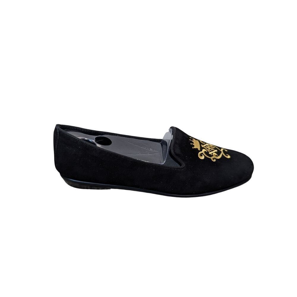 AEROSOLES BETLINIA size 8.5; Black velvet loafers/flats, gold embroidered crest - Picture 2 of 11